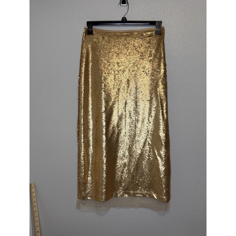 AL. X Gold Sequin Maxi Midi Skirt Size 6 Slit Party Festive Metallic